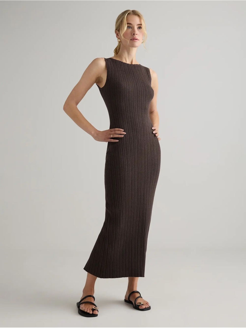 Quince Brown Cotton Cashmere Ribbed Sleeveless Midi Dress